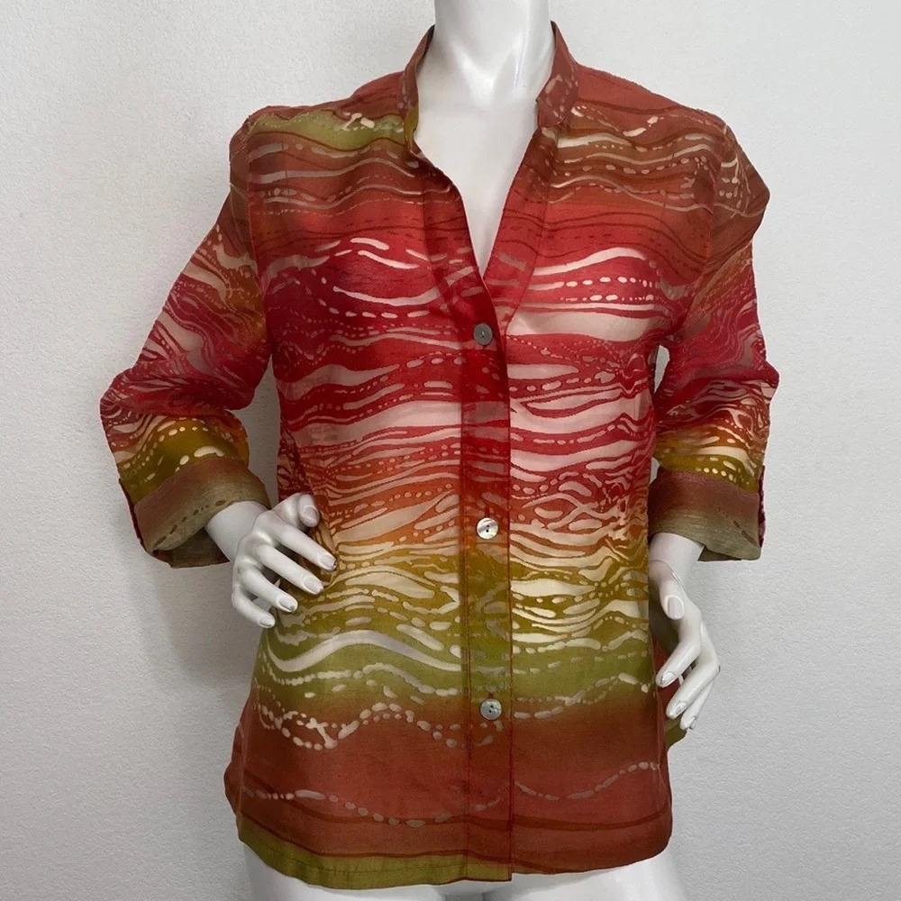 Red Green Tropical Sunset Sheer Burn Out Bohemian Collared Button Front Blouse - Picture 1 of 5